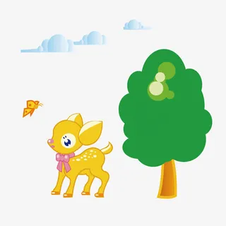 矢量可爱卡通梅花鹿树木蝴蝶云朵免抠