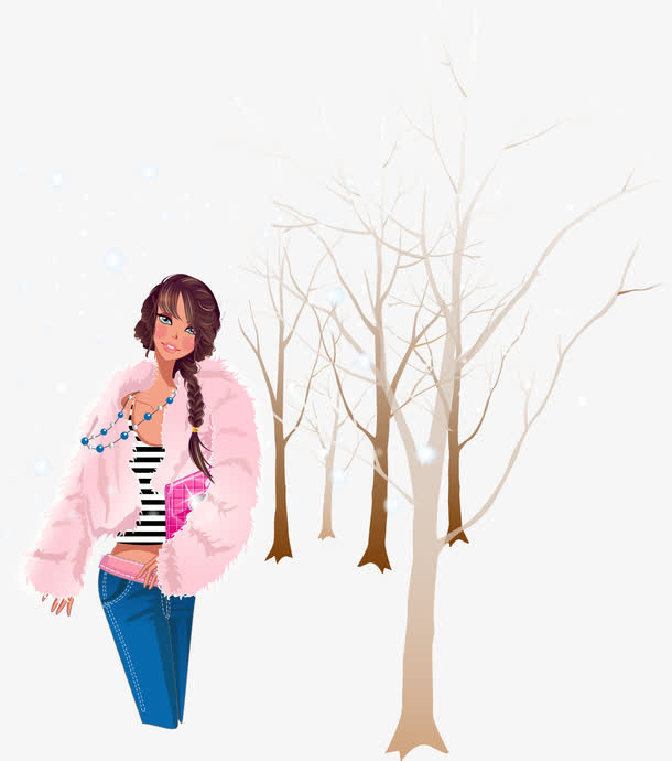 粉红衣服女孩和树林矢量素材免抠