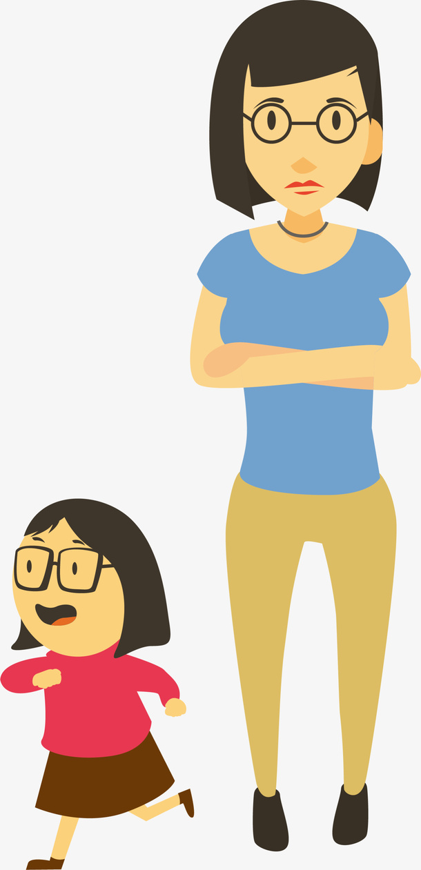 卡通蓝衣烦恼的母女免抠