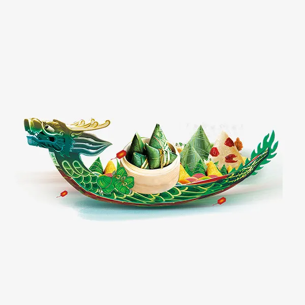 绿色清新端午节划龙舟免抠