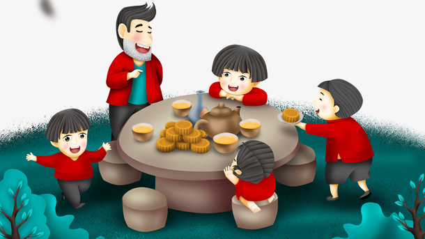 免抠卡通中秋节一家人团圆吃月饼免抠
