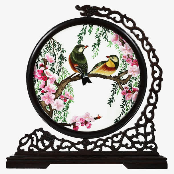 树枝上的鸟复古屏风免抠