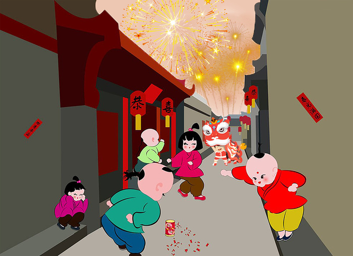 中国风春节孩童在弄堂里放鞭炮背景素材高清