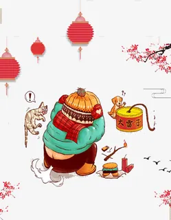 春节放炮儿童卡通手绘psd分层图免抠