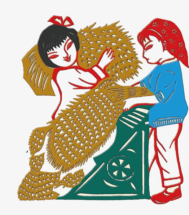 剪纸装饰插图劳作的农村妇女免抠