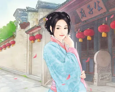 手绘蓝衣清新美女免抠