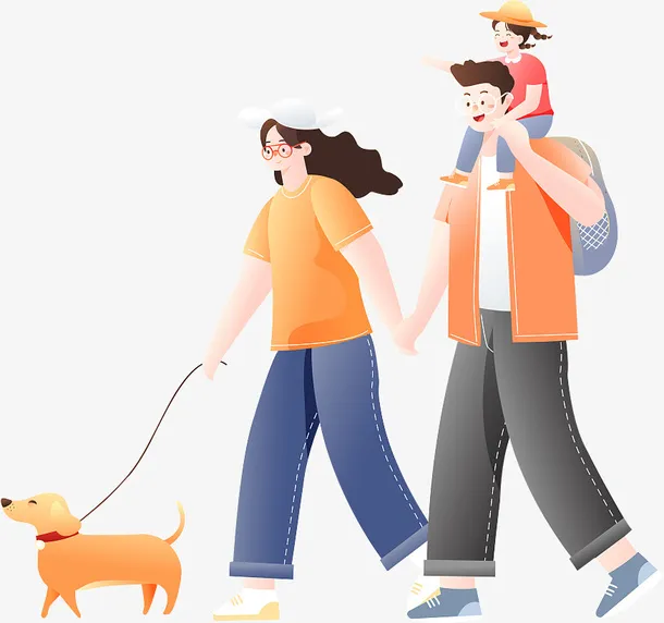 插画一家人遛狗免抠