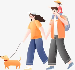 插画一家人遛狗免抠