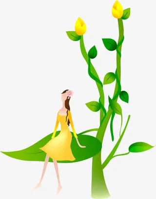 卡通清新树枝小女孩免抠