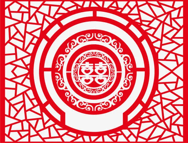 红色中国风双喜窗棂免抠
