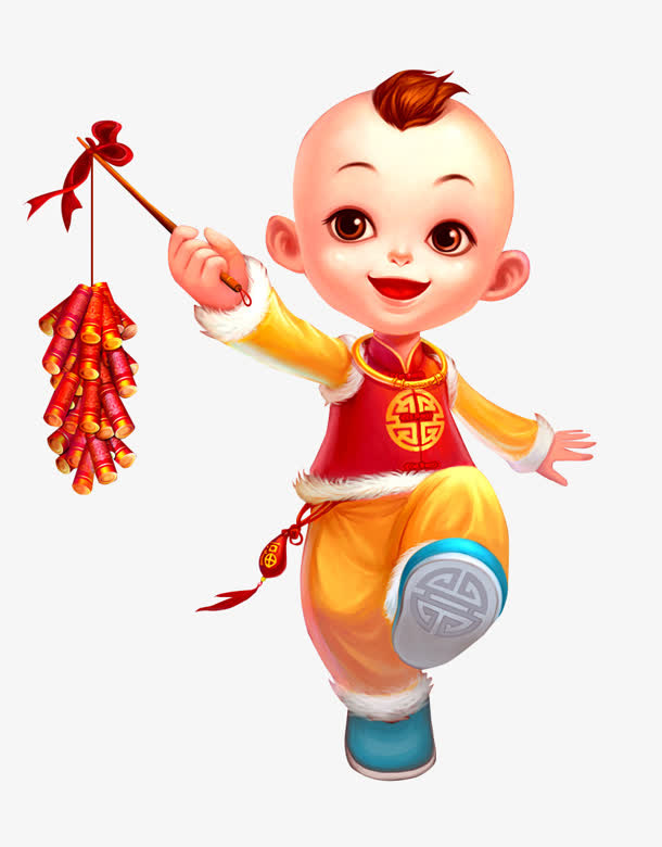 春节男童插画风景免抠