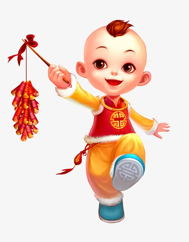 春节男童插画风景免抠
