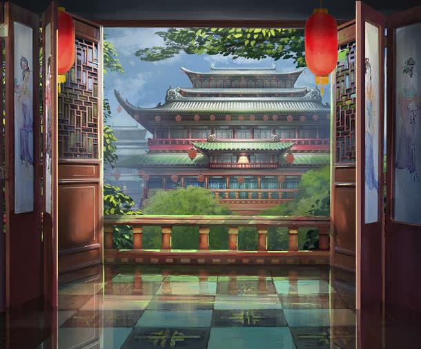 唯美古风建筑宫殿插画免抠