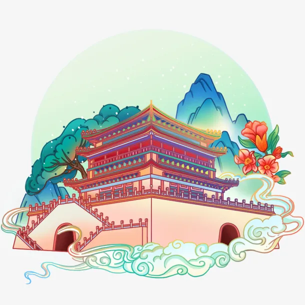 国风插画城墙免抠