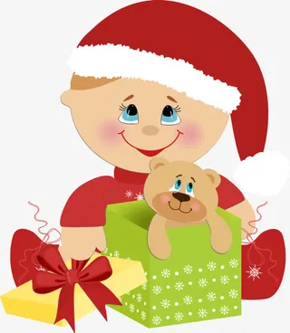 卡通小孩礼盒小熊图案免抠