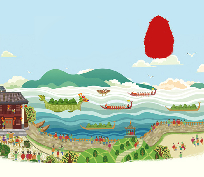 端午节龙舟手绘海报背景图高清