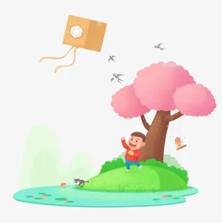 卡通春季小朋友放风筝免抠