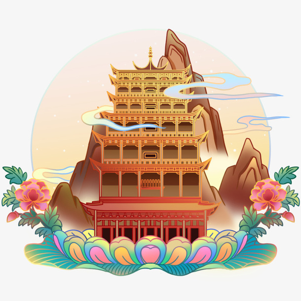 国风插画阁楼免抠