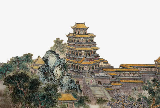 纸本设色滕王阁写实风格国画免抠