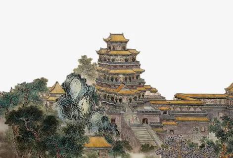 纸本设色滕王阁写实风格国画免抠