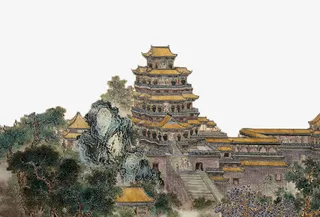 纸本设色滕王阁写实风格国画免抠