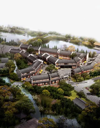 唯美古建筑群鸟瞰图免抠