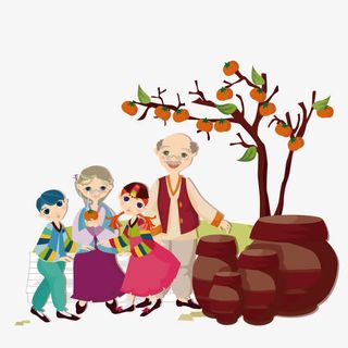 在柿子树下休息的老人孩子免抠