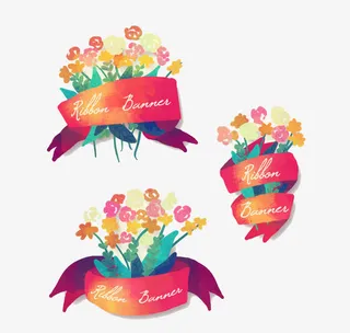 漂亮的水彩花丝带免抠