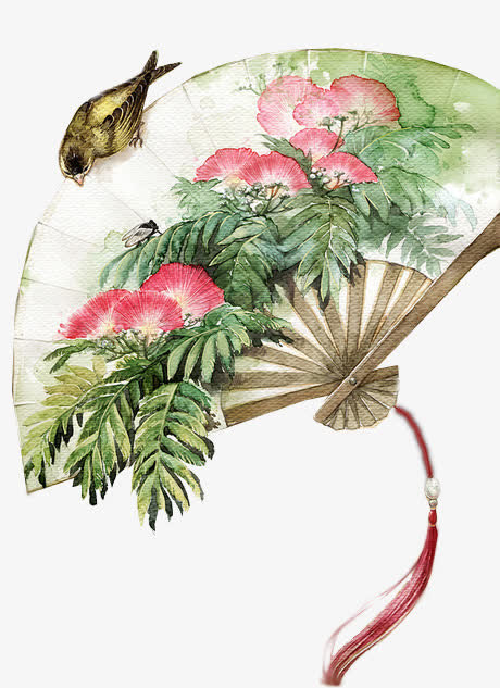 粉花树叶扇子小鸟手绘免抠