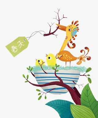 卡通矢量插图春天树上的鸟窝免抠