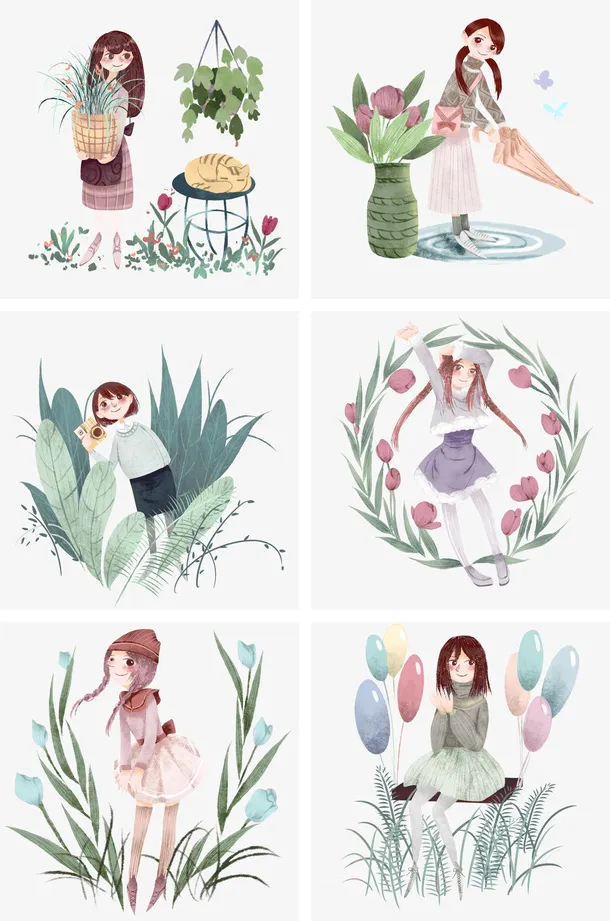 春天女孩花朵手绘免抠手绘/卡通手绘元素