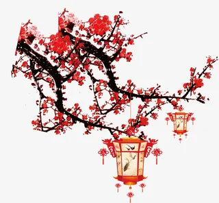红色中国风花枝灯笼免抠