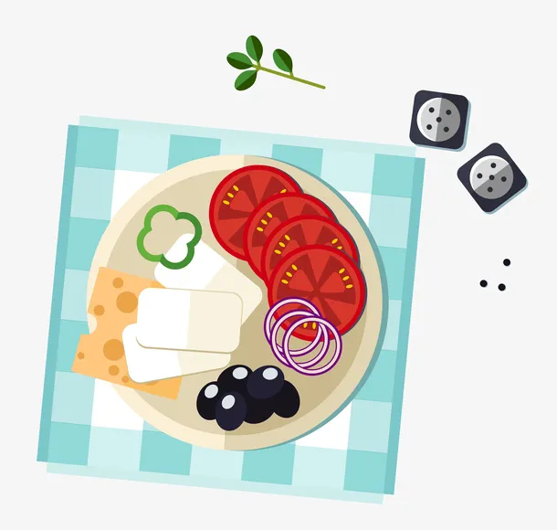 手绘卡通带格子餐垫一盘美食材料免抠