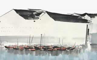 水墨风古镇与小船免抠