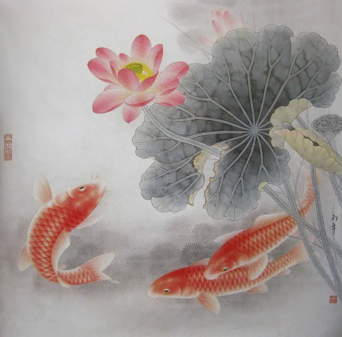 荷塘红鲤鱼国画高清