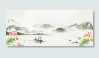 中国风水墨初夏荷花渲染小舟banner高清