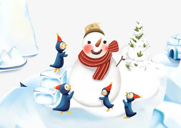 围着雪人的四个小企鹅免抠