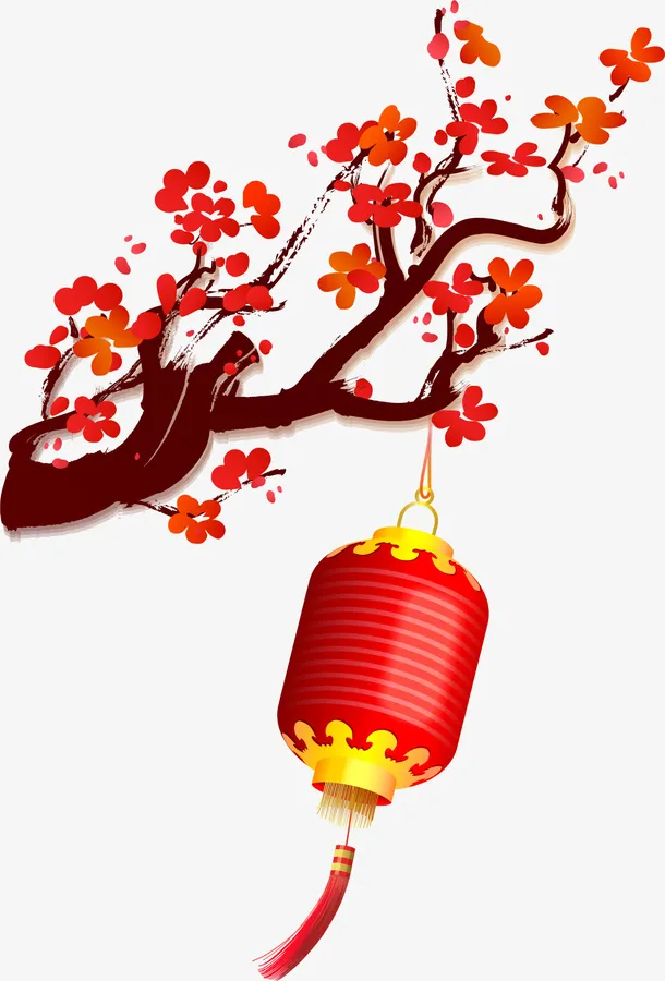 中国风红色花枝灯笼免抠