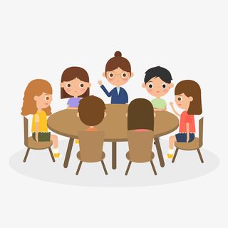 扁平风圆桌学生教师开会讨论免抠