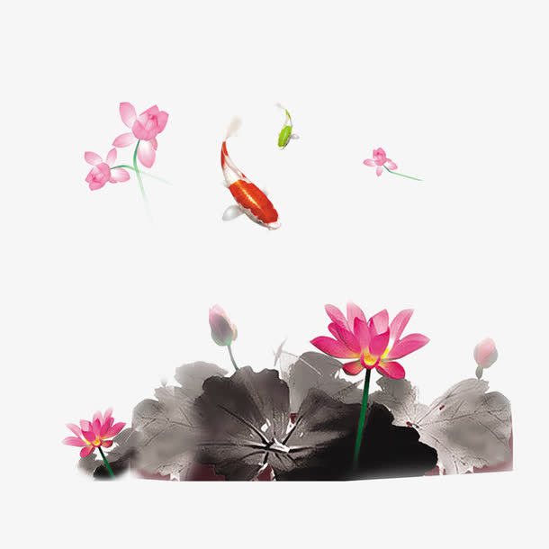荷花和金鱼水墨图免抠