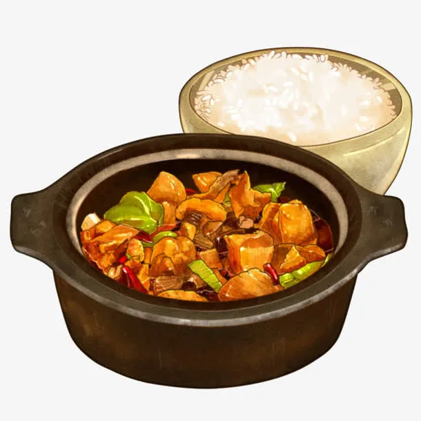 手绘黄焖鸡米饭鸡肉米饭砂锅免抠