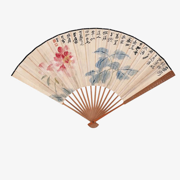 古典荷花工笔画折扇免抠