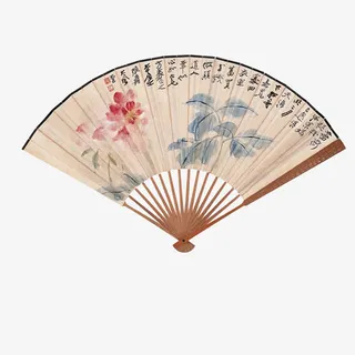 古典荷花工笔画折扇免抠 古典荷花工笔画折扇免抠
