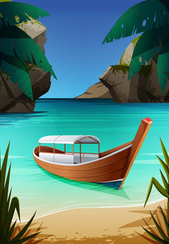 春天海岛小船风景插画免费下载高清
