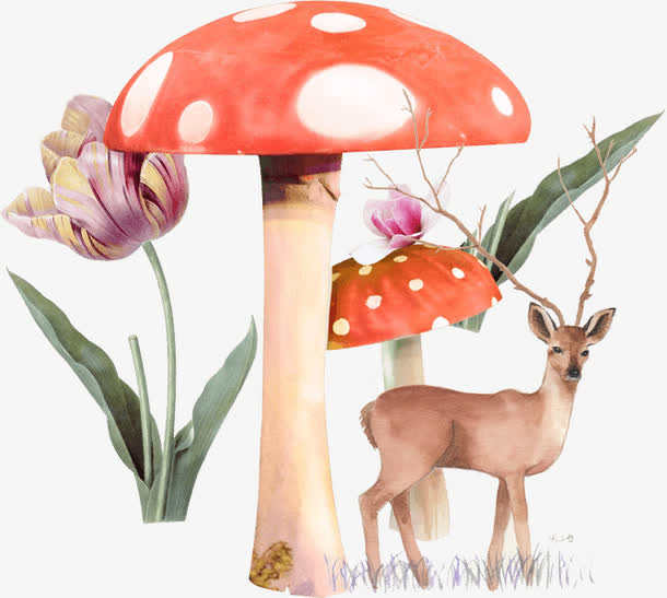 蘑菇树下的梅花鹿免抠