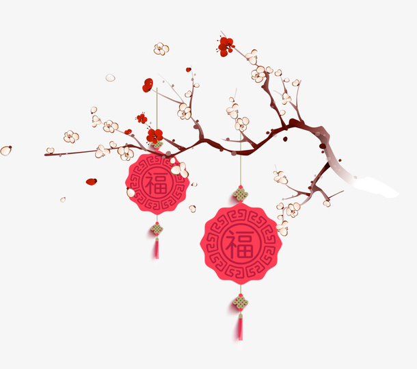 卡通树枝上的红灯笼免抠