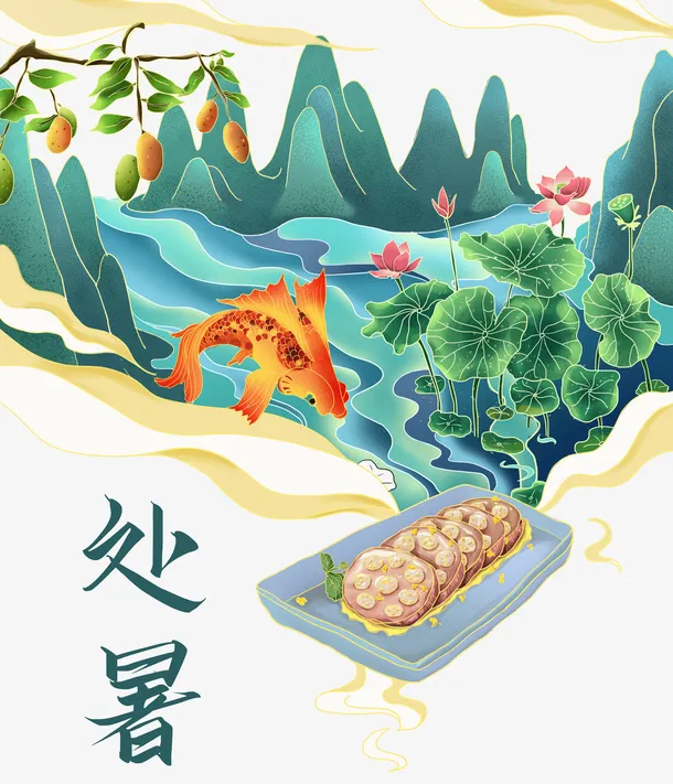 处暑节山水图元素免抠