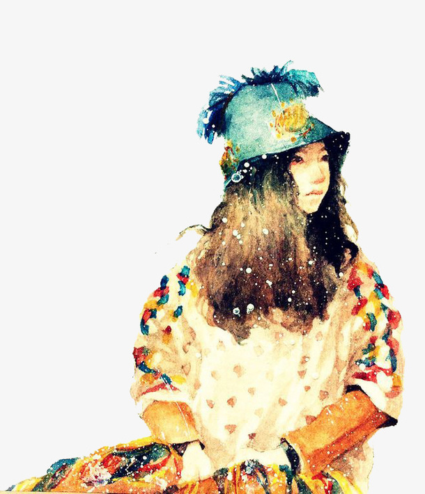 水彩女孩免抠