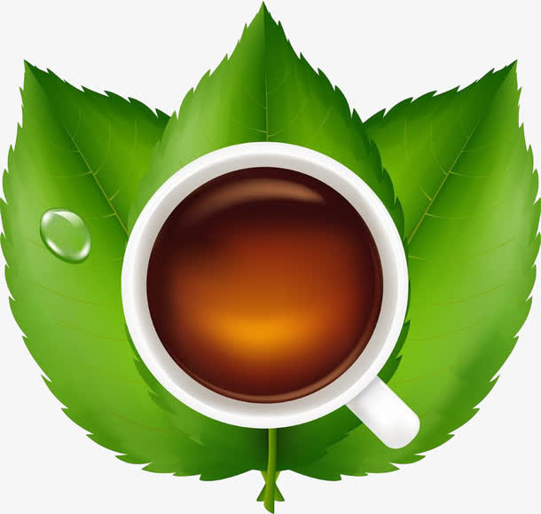 三片茶叶托着茶杯免抠