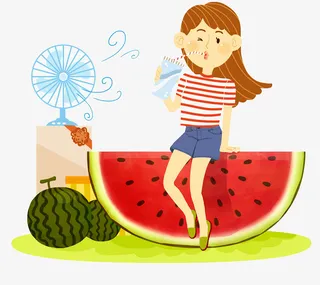 彩色扁平化吃西瓜卡通插画免抠